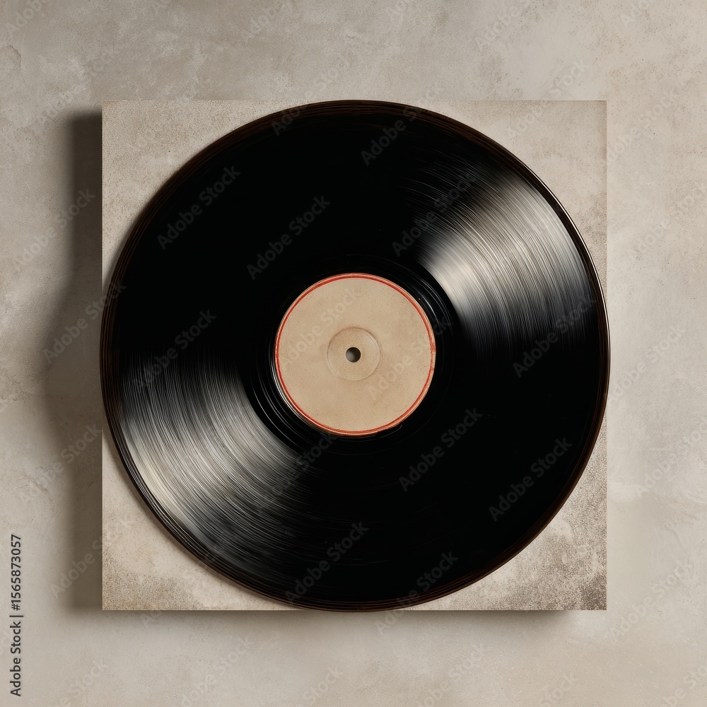 Obraz premium Classic vinyl record on a neutral surface, a timeless symbol of music and nostalgia.