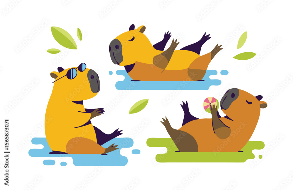 Obraz premium Cartoon Capybaras Chilling Sunglasses, Water, Ball, Leaves, Relaxed, Illustration, Flat Design