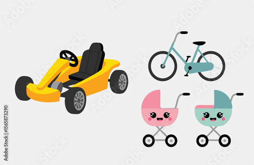 Cartoon Illustration Featuring a Yellow GoKart, Blue Bicycle, and Two Cute Baby Strollers