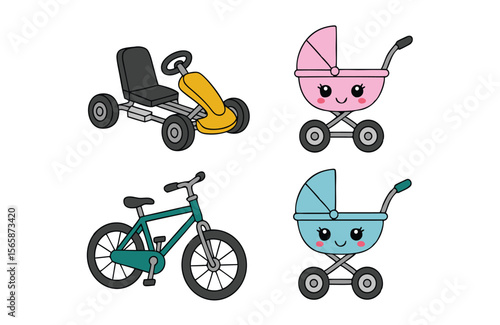 Cartoon Pedal Car, Bicycle, and Cute Pink and Blue Baby Strollers on White