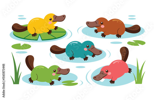 Cartoon Platypus Collection Colorful Platypuses Swimming in Water, Featuring Yellow, Brown, Green, Blue, and Pink Colors