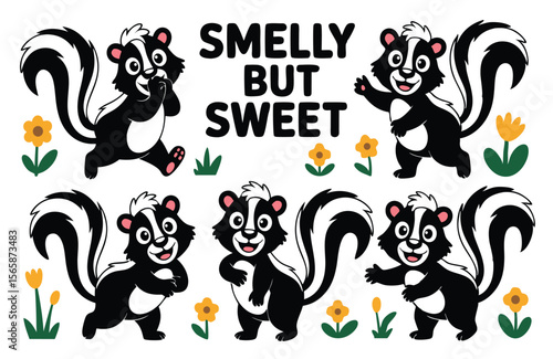 Cartoon Skunks with Flowers and Smelly But Sweet Text on a White Background