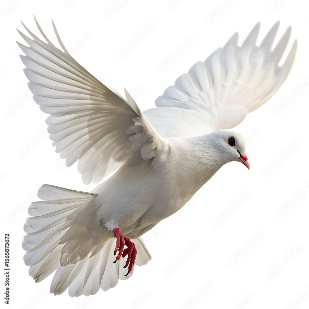 Fototapeta premium A white dove in mid flight with its wings spread wide against a plain white background in a studio shot