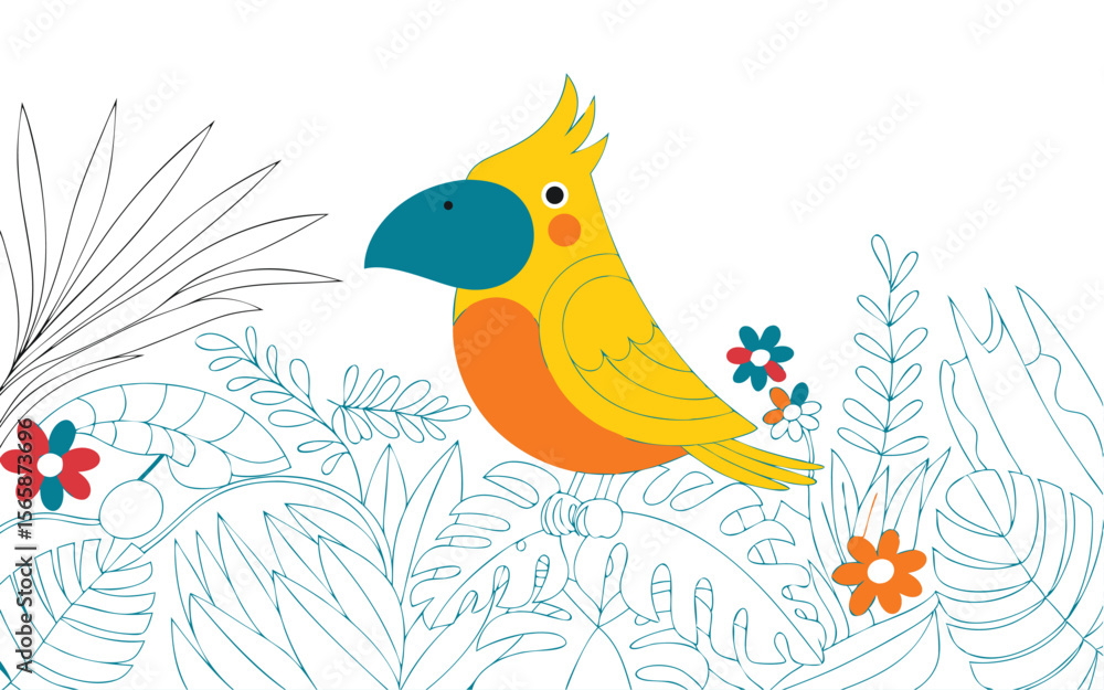 Fototapeta premium Cartoon Yellow Cockatoo Surrounded by Teal Outlined Plants and Flowers on White Background