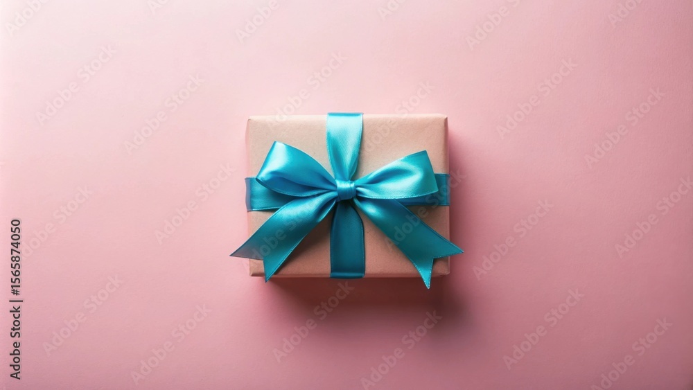 A delicately wrapped present with a vibrant turquoise ribbon bow, resting on a soft pink background A delicately wrapped present with a vibrant turquoise ribbon bow, resting on a soft pink background