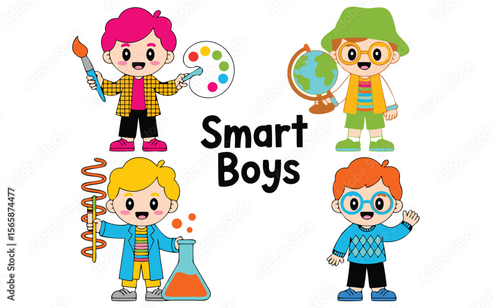 Four Cartoon Boys in Different Professions Artist, Geographer, Scientist, and Student on White Background Four Cartoon Boys in Different Professions Artist, Geographer, Scientist, and Student on White Background