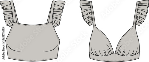 Ruffle strap women crop top and bikini top technical flat fashion design front and back view, detailed CAD vector illustration