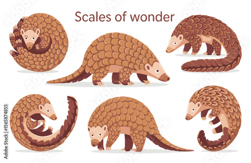 Illustration of Six Brown Scaled Pangolins in Various Poses Isolated on White Background
