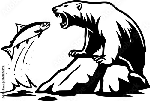 vector line art illustration of polar bear and fish facing each other, isolated on white