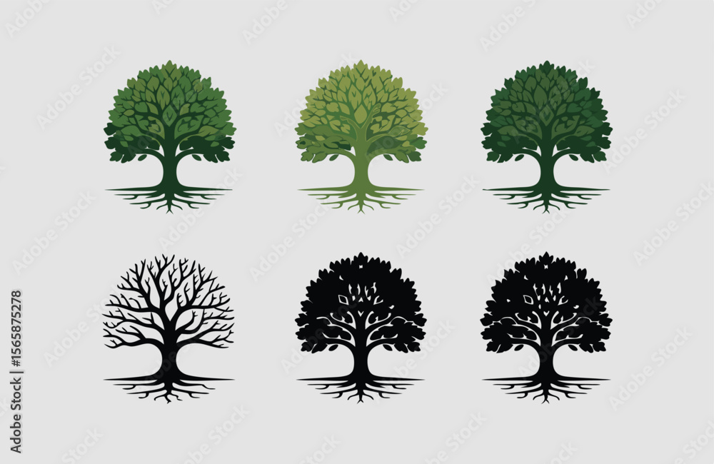 Fototapeta premium Six Stylized Trees with Varying Color Palettes and Silhouettes, Against a Neutral Background