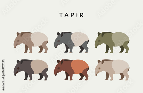 Six Colorful Cartoon Tapirs Illustrated Against Light Background, Flat Style, Mammals