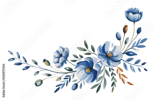 Watercolor Blue Flower and Foliage Arrangement Floral Decoration, Corner Piece, Elegant Design
