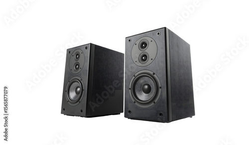 Two modern black bookshelf speakers with dual drivers isolated on transparent background