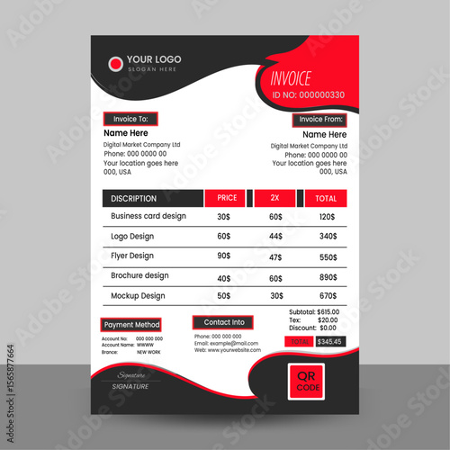 Professional invoice and letterhead design template with A4 size, easy and minimal billing for corporate invoices with 1color sets.Black, Red and White Invoice Template.