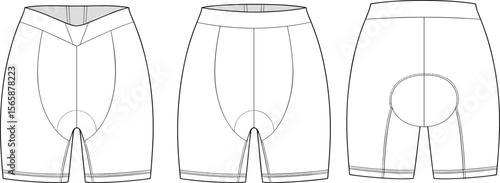 Vector flat sketch of padded cycling shorts front and back technical view, cad drawing sportswear fashion design illustration template