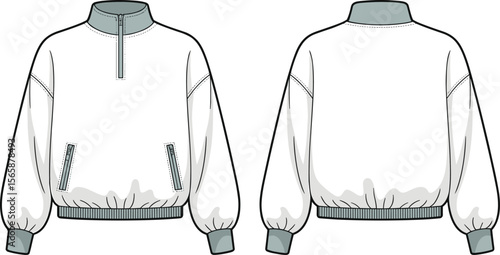 Vector technical drawing of unisex half-zip pullover sweatshirt with long sleeves, high collar, ribbed cuffs, and zipper pockets