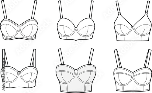 Vector technical drawing set of women's underwire bustier tops, structured bra silhouettes, fashion flat sketch for apparel design