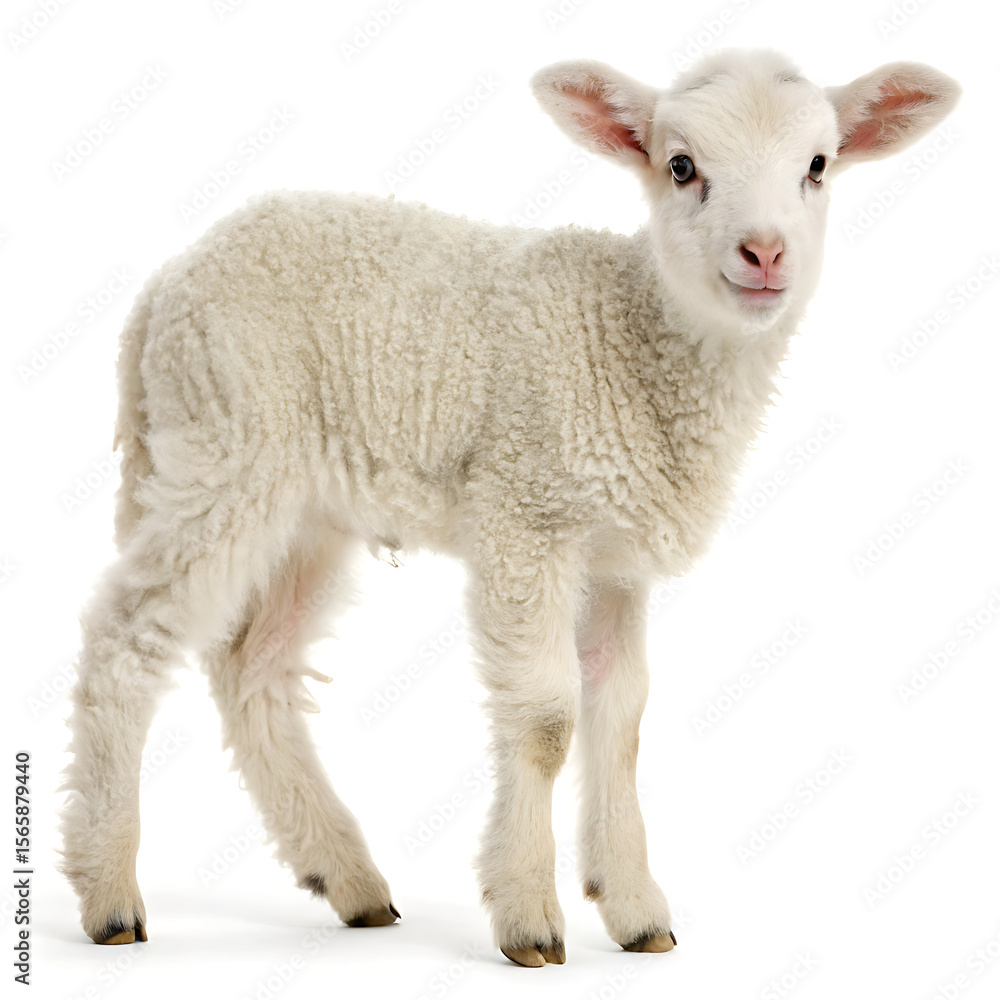 A fluffy white lamb standing on a white background looking at the viewer with a gentle expression A fluffy white lamb standing on a white background looking at the viewer with a gentle expression