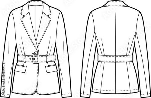 Women’s belted blazer flat sketch, front and back technical view, tailored jacket design template for fashion CAD vector illustration