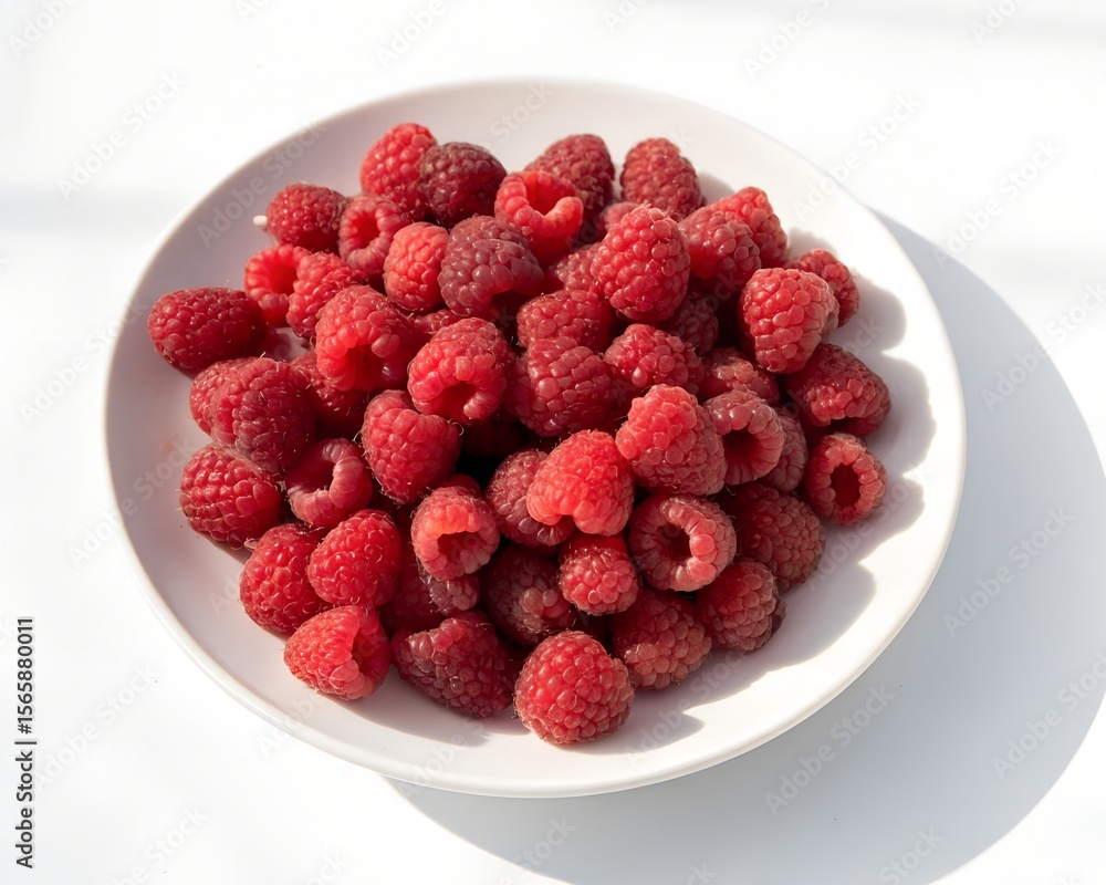 Plate Full of Fresh Red Raspberries Top View Isolated on White Background Plate Full of Fresh Red Raspberries Top View Isolated on White Background