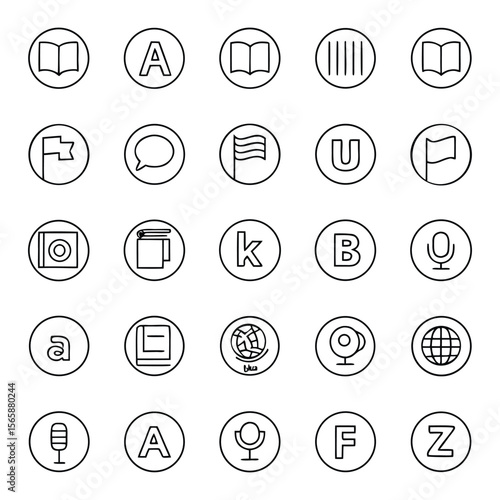Language Learning Icons – Dictionary, ABC, Microphone – Black Line Vector Set on White