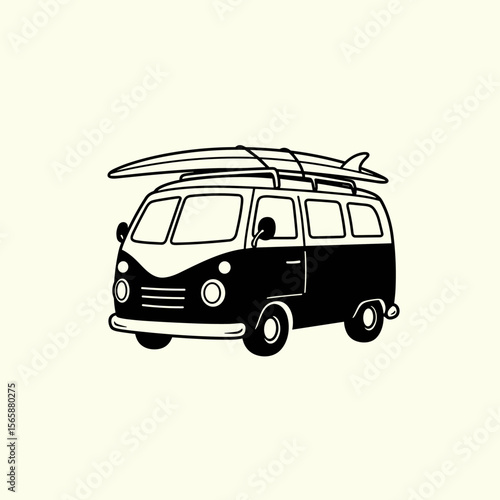 Black-and-white line art of a classic camper van with a surfboard on top, evoking retro beach vibes and carefree travel.