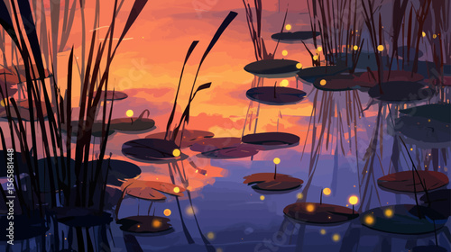 Magical fireflies dancing over tranquil pond with lily pads at sunset - dreamy wetland landscape perfect for relaxation, meditation and nature themes