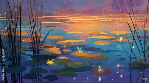 Magical fireflies dancing over tranquil pond with lily pads at sunset - dreamy wetland landscape perfect for relaxation, meditation and nature themes