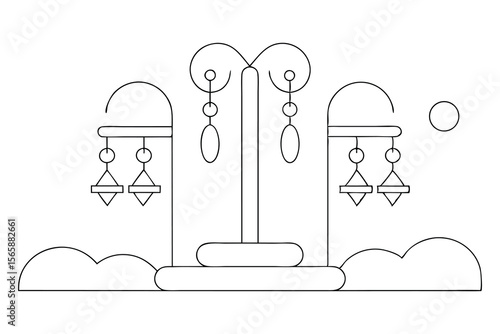Minimalist line art representation of an earring stand with abstract jewelry elements and modern design