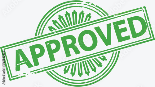 Illustration of a green approved stamp with a circular design and a rectangular border element shown