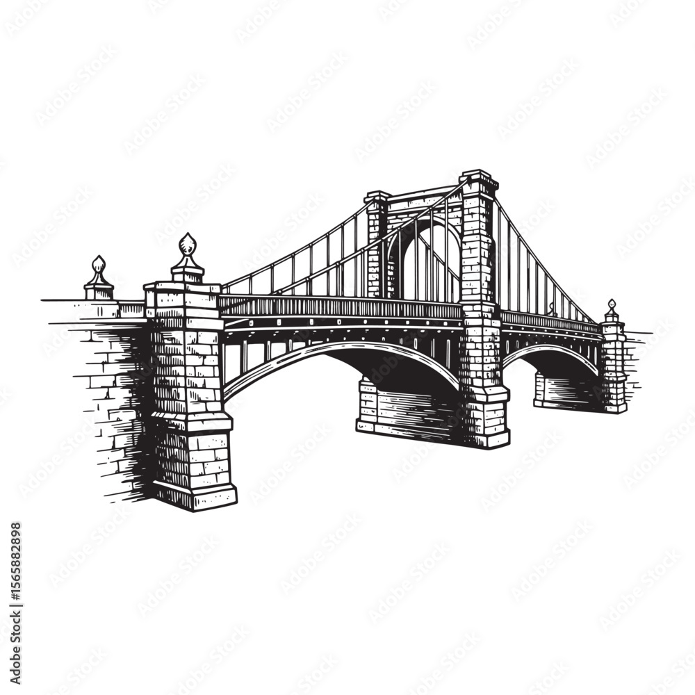 Detailed black and white illustration of a historic suspension bridge depicting architectural design