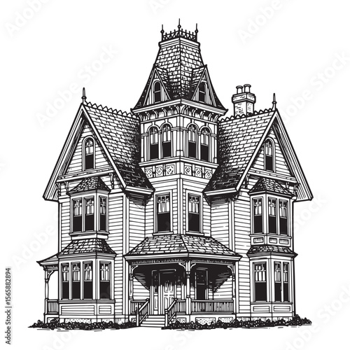 Detailed black and white illustration of a classic victorian era house with bay windows and intricate architectural details