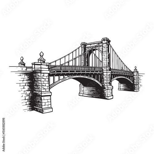 Detailed black and white illustration of a historic suspension bridge depicting architectural design
