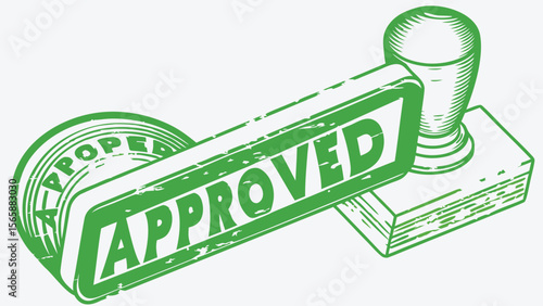 A green approved stamp with a handle and a circular stamp showing proper confirmation and acceptance