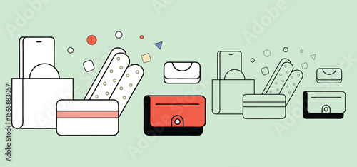 Stylish illustration showcasing an assortment of modern accessories including credit cards a phone and wallets with geometric floating shapes