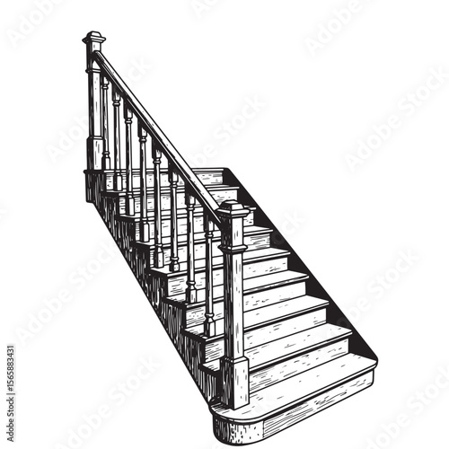 Detailed black and white vector illustration of a staircase with a handrail and balusters in a classic style.