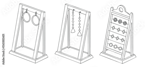 Vector illustration of diverse earring displays showcasing circular, long, and geometric shaped jewelry collections for boutiques