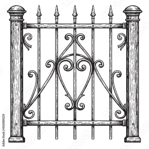 Elegant hand drawn ornate wrought iron gate with classic design elements in detailed vintage style.