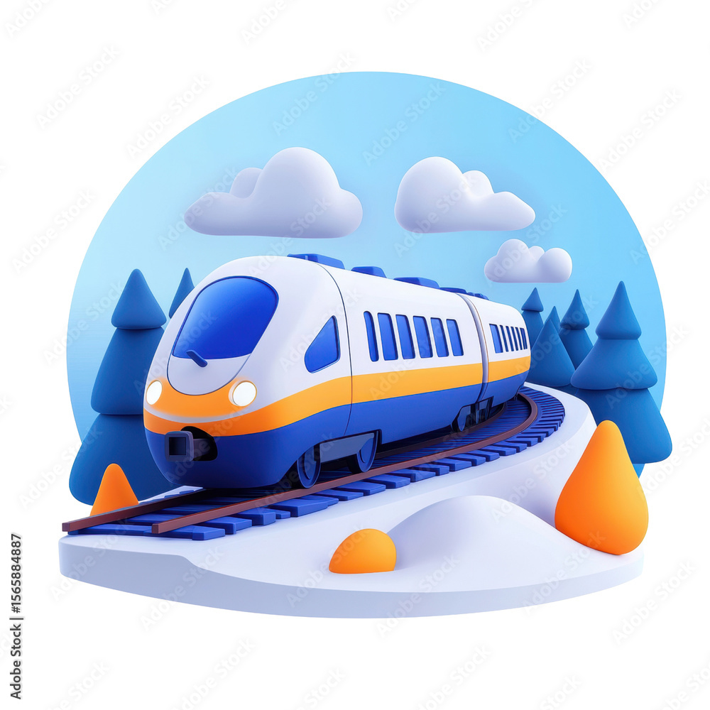 Fototapeta premium Colorful 3D train navigating through a snowy landscape