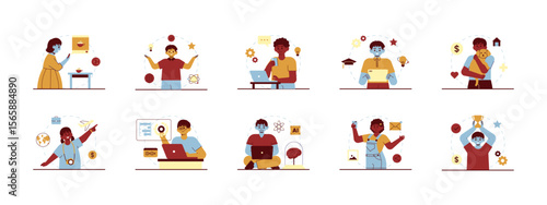 Activities carried out by Gen Z children. Gen Z illustrations set. Flat vector illustration concept.