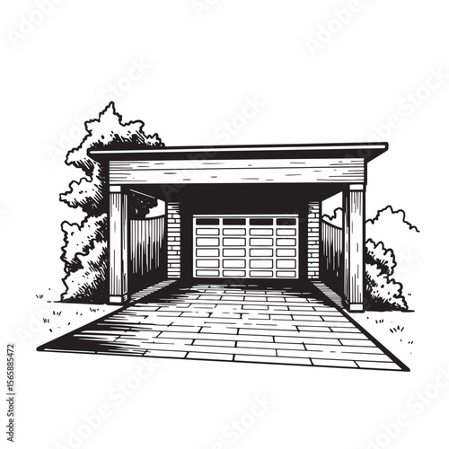 Hand-drawn black and white illustration of a garage with a brick wall and a paved driveway surrounded by greenery.