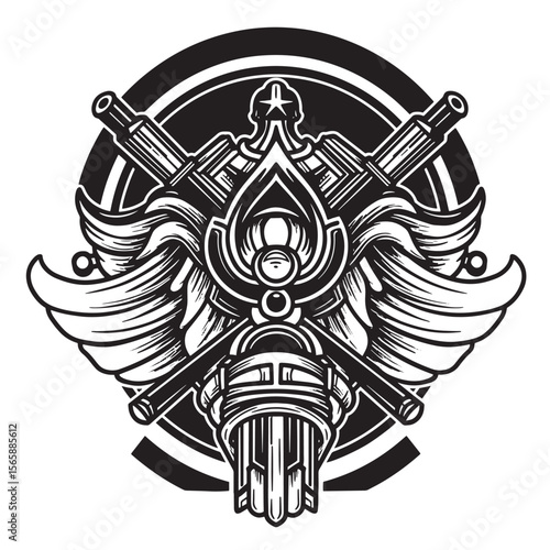 Intricate black and white emblem featuring crossed cannons with wings and geometric decorative elements
