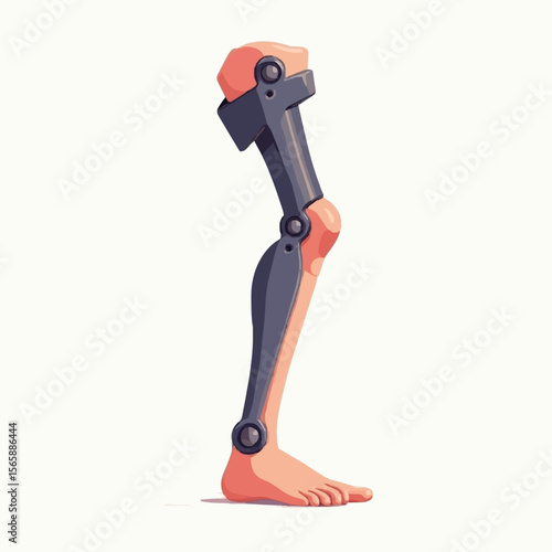This image depicts a stylized illustration of a human leg with a futuristic prosthetic limb. The prosthetic features a sleek, mechanical design with joints and bolts