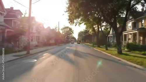 A sunny street lined with houses, trees, and vehicles, bathed in warm light.