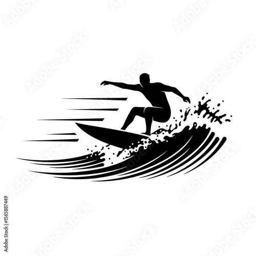 Black-and-white line art of a surfer striking a dynamic balance on a curling wave, captured in silhouette to highlight motion and strength.