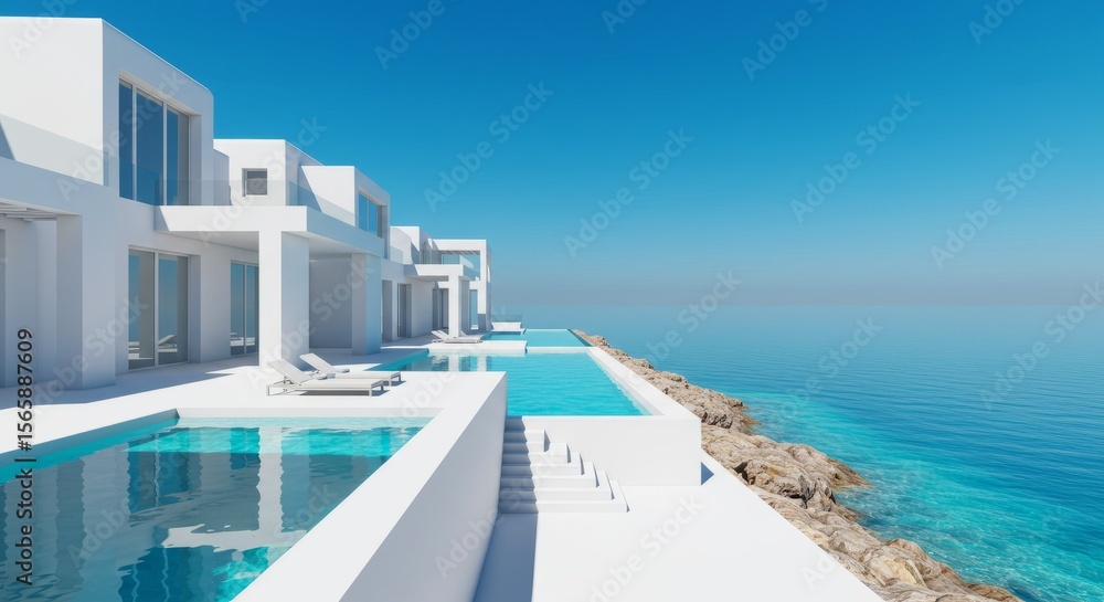 Fototapeta premium Modern White Villas with Pools Overlooking Azure Ocean and Sky