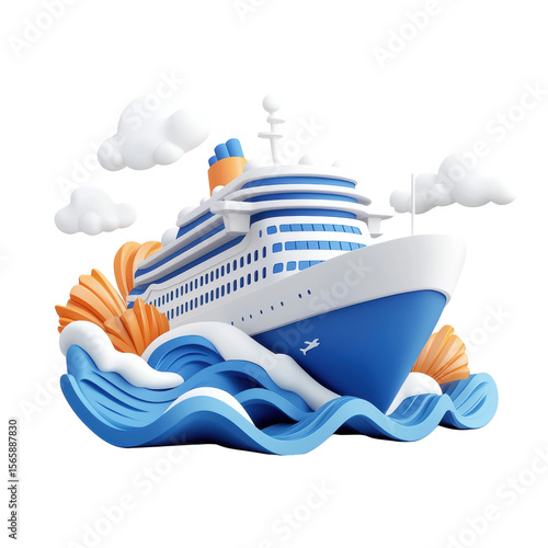 Stylized cruise ship navigating vibrant waves and clouds