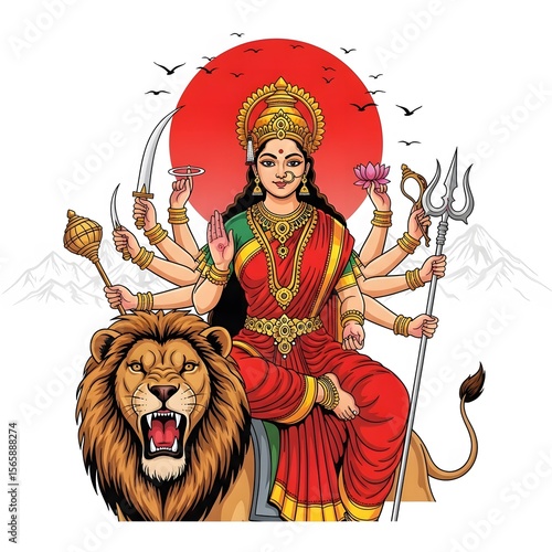 Illustrative depiction of goddess durga seated on her lion vahana holding various divine weapons and a lotus flower against a red sun and mountains