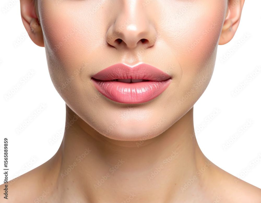 Natural Plump Pink Lips with Youthful Glow and Smooth Texture Isolated on White. Natural Plump Pink Lips with Youthful Glow and Smooth Texture Isolated on White.