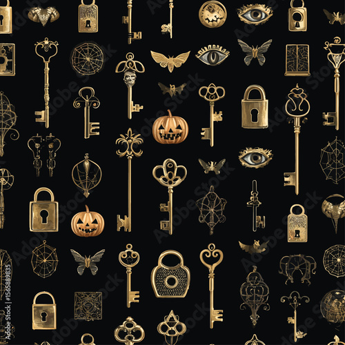 Elegant Halloween seamless pattern with vintage mystical keys, all-seeing eyes, pumpkins and occult symbols in gold line art on black background